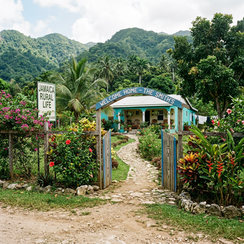 Entrance to a tropical Jamaican rural home with archway reading 'Welcome Home - The Smith's'