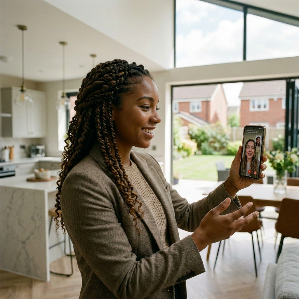 Woman holding smartphone and video calling another person in kitchen