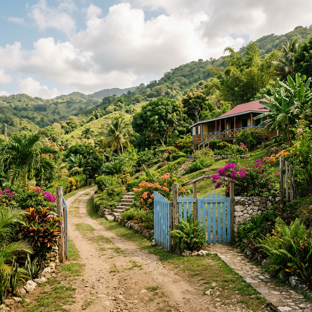 House on a hillside surrounded by tropical plants and flowers with a blue gate