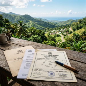 Title to land certificate for property in Blueberry Hill, Jamaica on wooden table