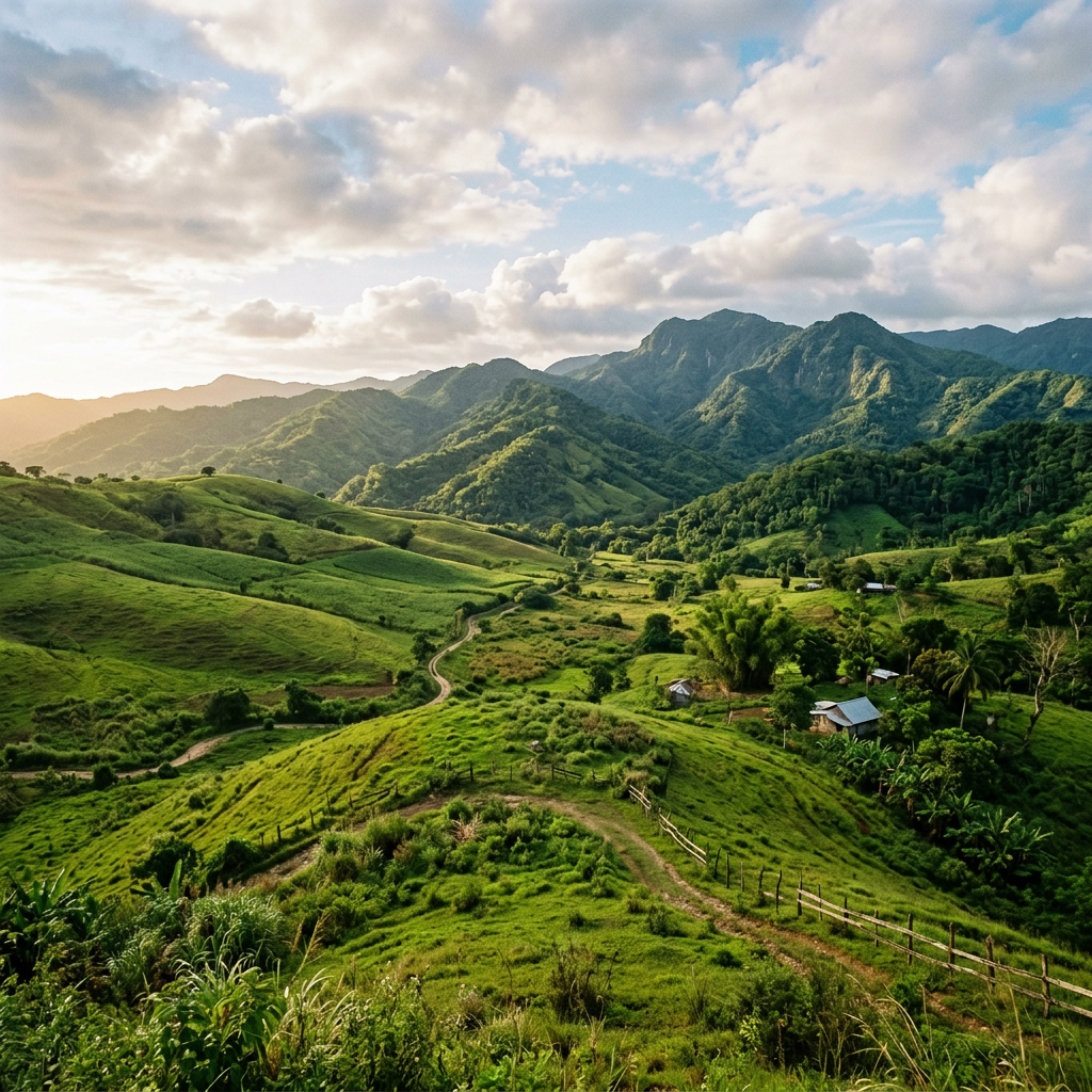 Winding dirt road through lush green hills with scattered trees and houses beneath forested mountains