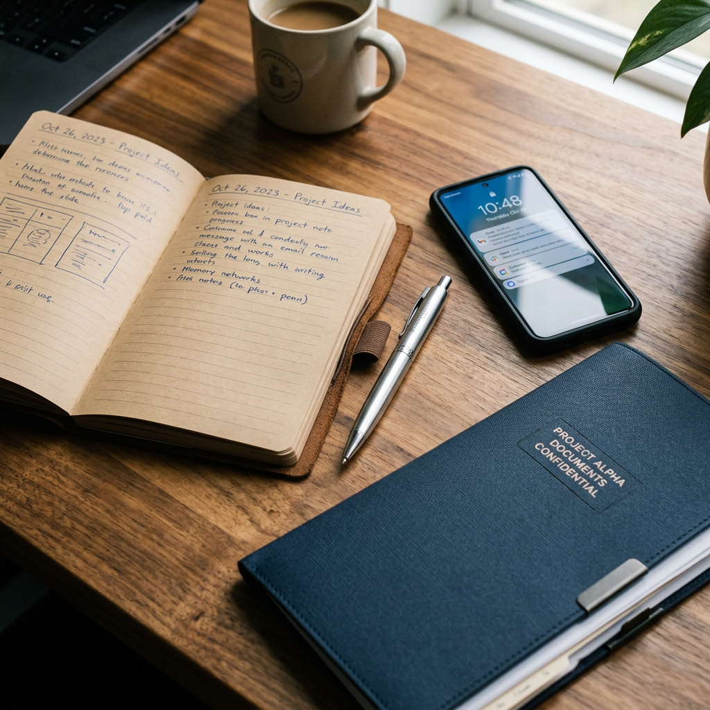Open notebook with handwritten project ideas, silver pen, smartphone showing notifications, blue confidential project folder, and coffee cup on wooden desk