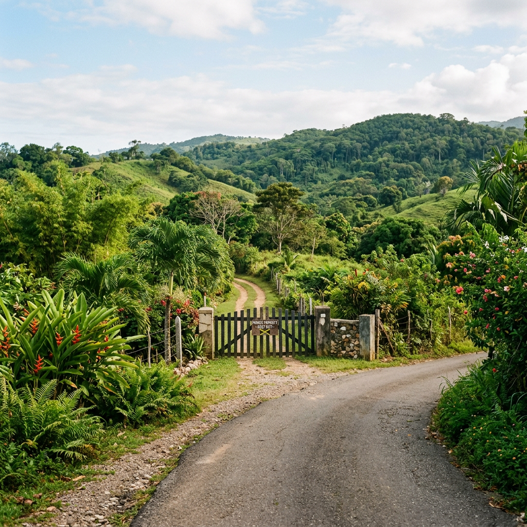 Gated entrance to a tropical countryside property with dense green vegetation and hills