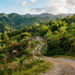 Gated entrance labeled Highland Springs Farm with dirt road and dense tropical vegetation