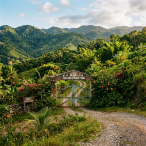 Gated entrance labeled Highland Springs Farm with dirt road and dense tropical vegetation