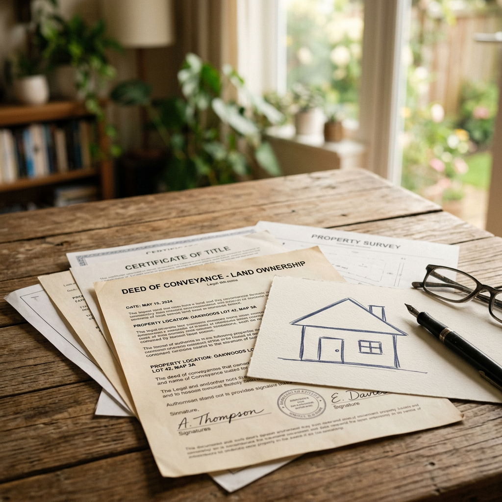 Jamaica Land Titles Explained for Jamaicans Living Abroad Deed of conveyance, certificate of title, property survey documents, house sketch, pen, and glasses on wooden table