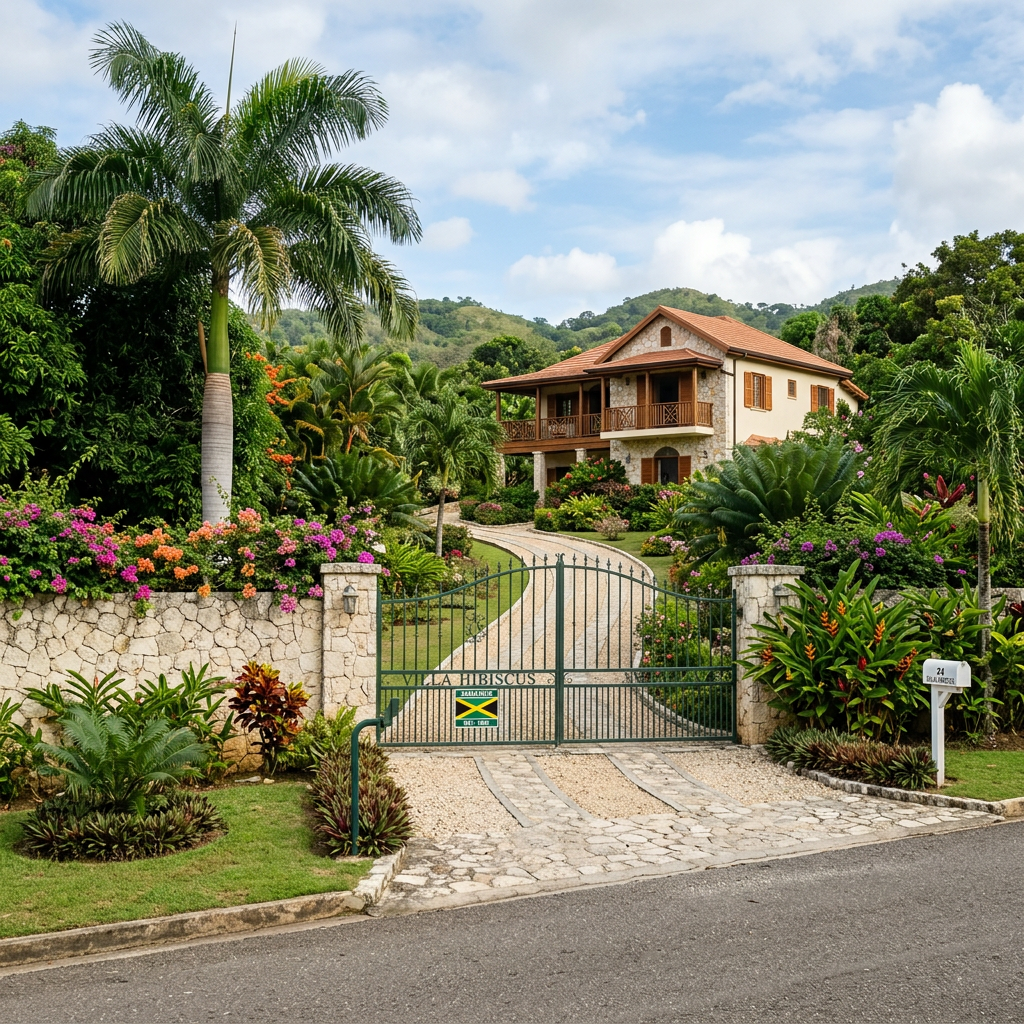 Villa Hibiscus with gated entrance and tropical garden