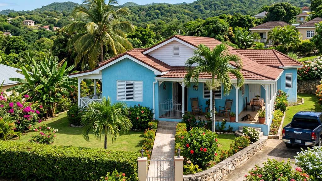 How to Choose Someone to Watch Your Jamaica Property While You’re Overseas Blue house with red roof in lush tropical garden and airplane flying above