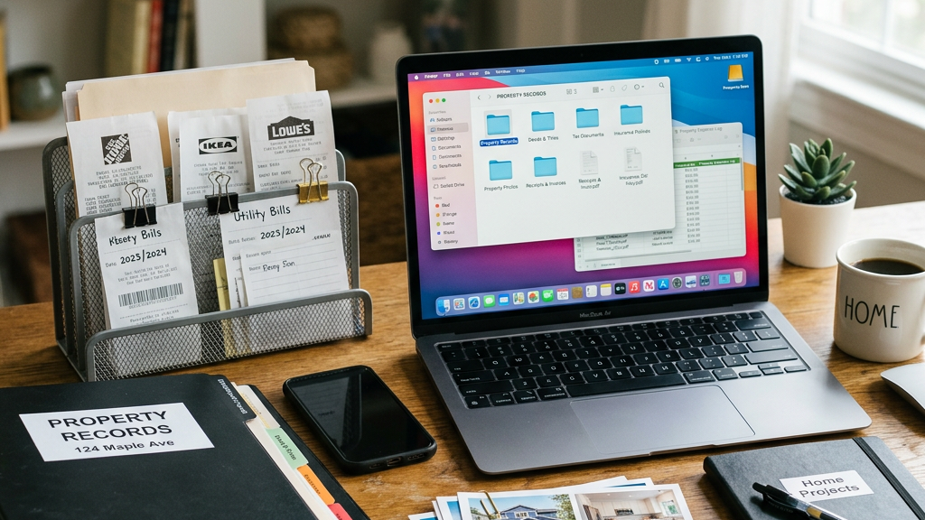 How to Choose Someone to Watch Your Jamaica Property While You’re Overseas Desk with property records binder, laptop showing property folders, utility bills organizer, home renovation photos and a coffee mug