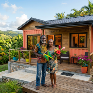 Returning Resident Benefits in Jamaica: 2026 Requirements and Guide Smiling couple holding Jamaican flag and tropical flowers in front of wooden house with porch