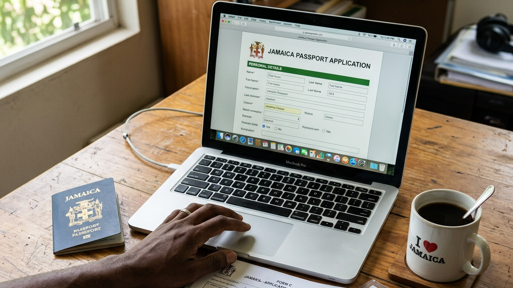 Person completing Jamaica passport application online on laptop with printed forms and Jamaican passport on table