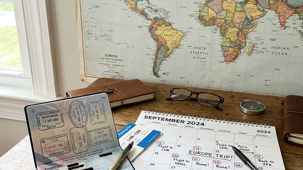 Open passport with stamps, pen, calendar marked Europe trip, map with travel routes