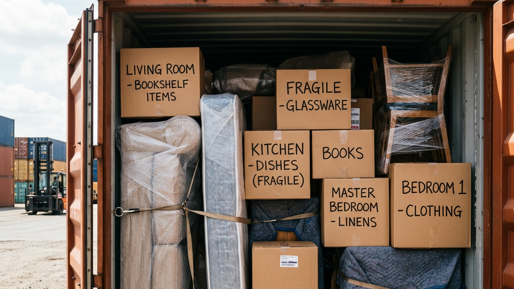 Stacked moving boxes and wrapped furniture secured inside a shipping container