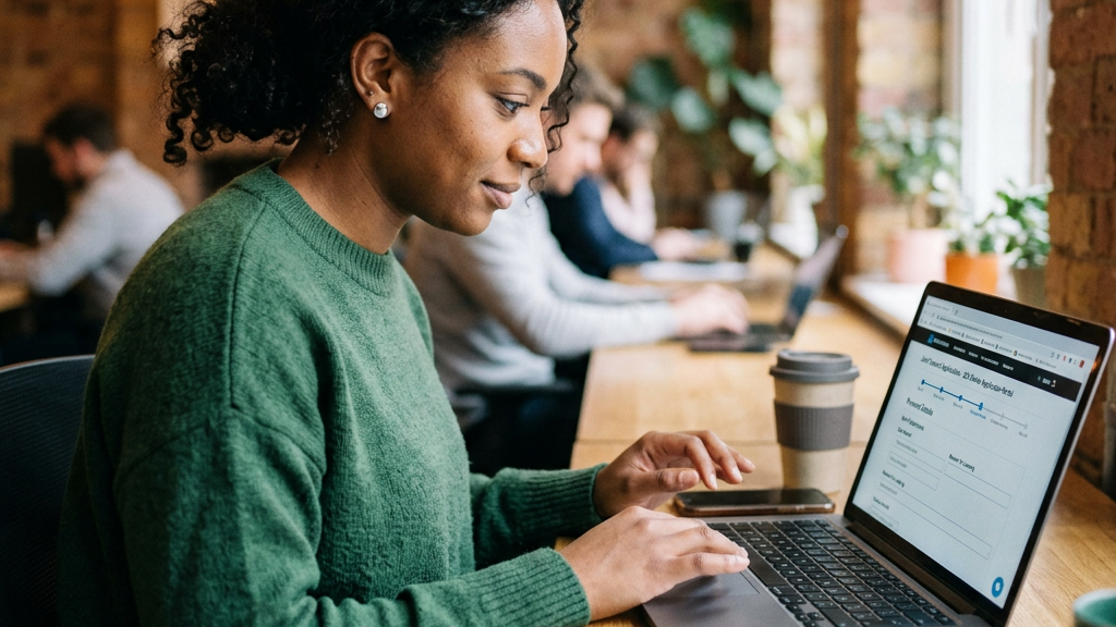 Woman typing on laptop at shared workspace with others