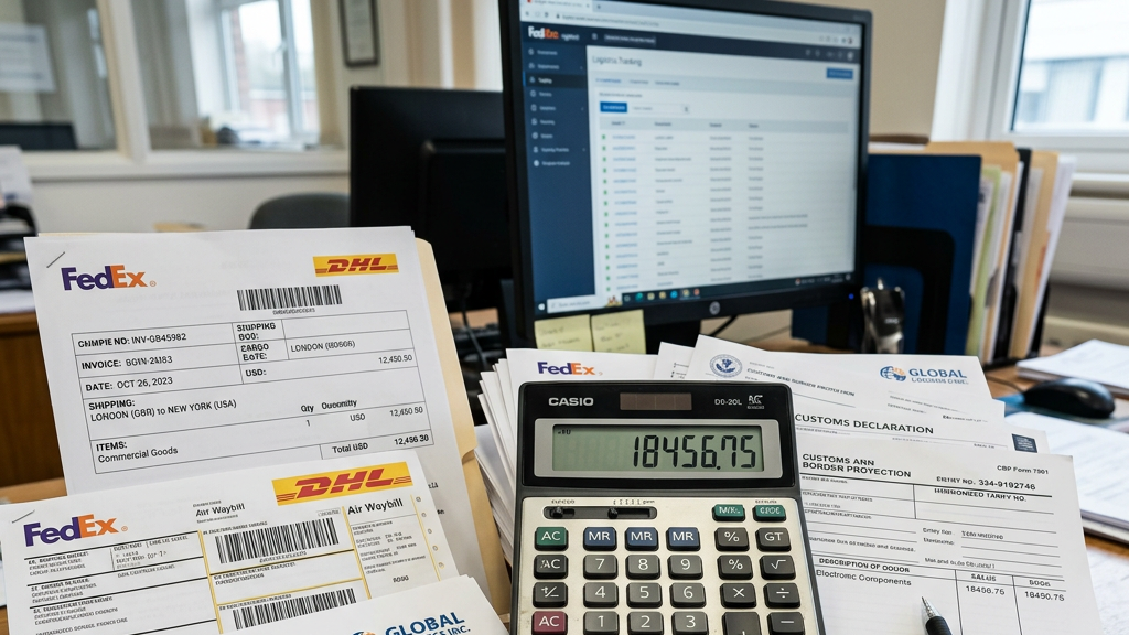 Stack of shipping invoices and customs forms with calculator showing 18456.75 on a wooden desk