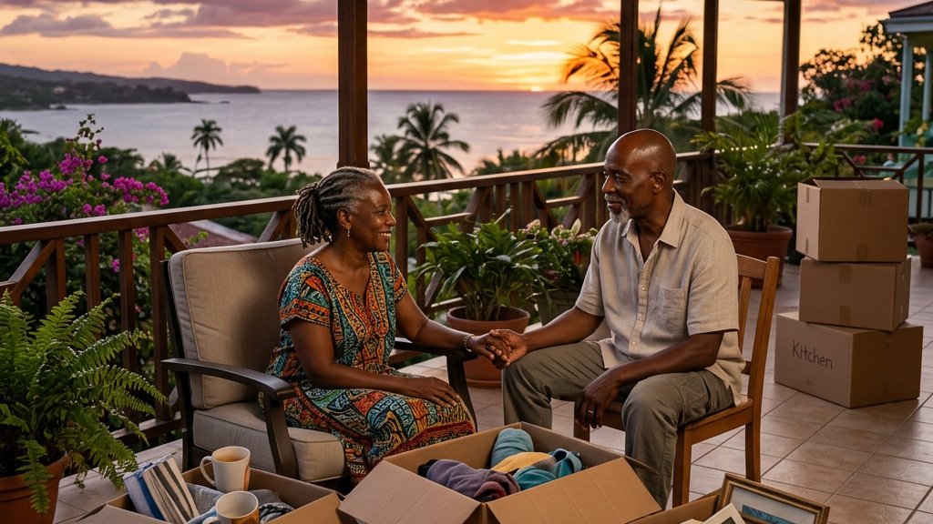 Mature Jamaican couple on veranda at sunset, unpacked boxes