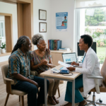 Senior couple consulting with female doctor in medical office
