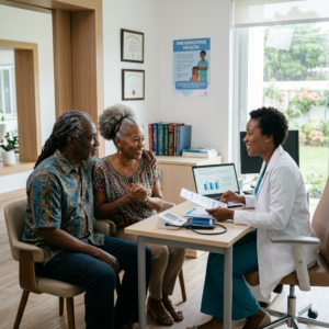 Healthcare in Jamaica: What Returning Jamaicans Should Know Before Moving (2026 Guide) Senior couple consulting with female doctor in medical office