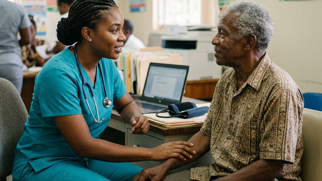 Nurse in teal scrubs gently holding elderly man's hand during a medical consultation