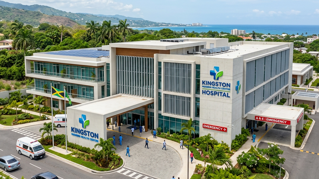 Kingston Hospital building with emergency entrance, ambulances, staff, and coastal view