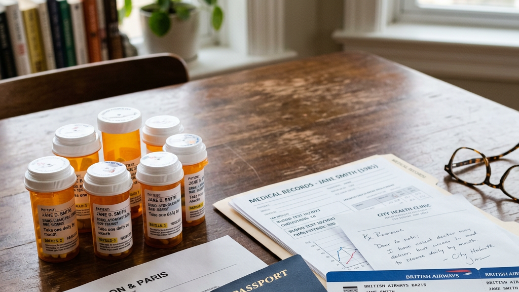 Prescription bottles, travel itinerary, US passport, medical records, travel insurance certificate, airplane tickets, and glasses on a wooden table