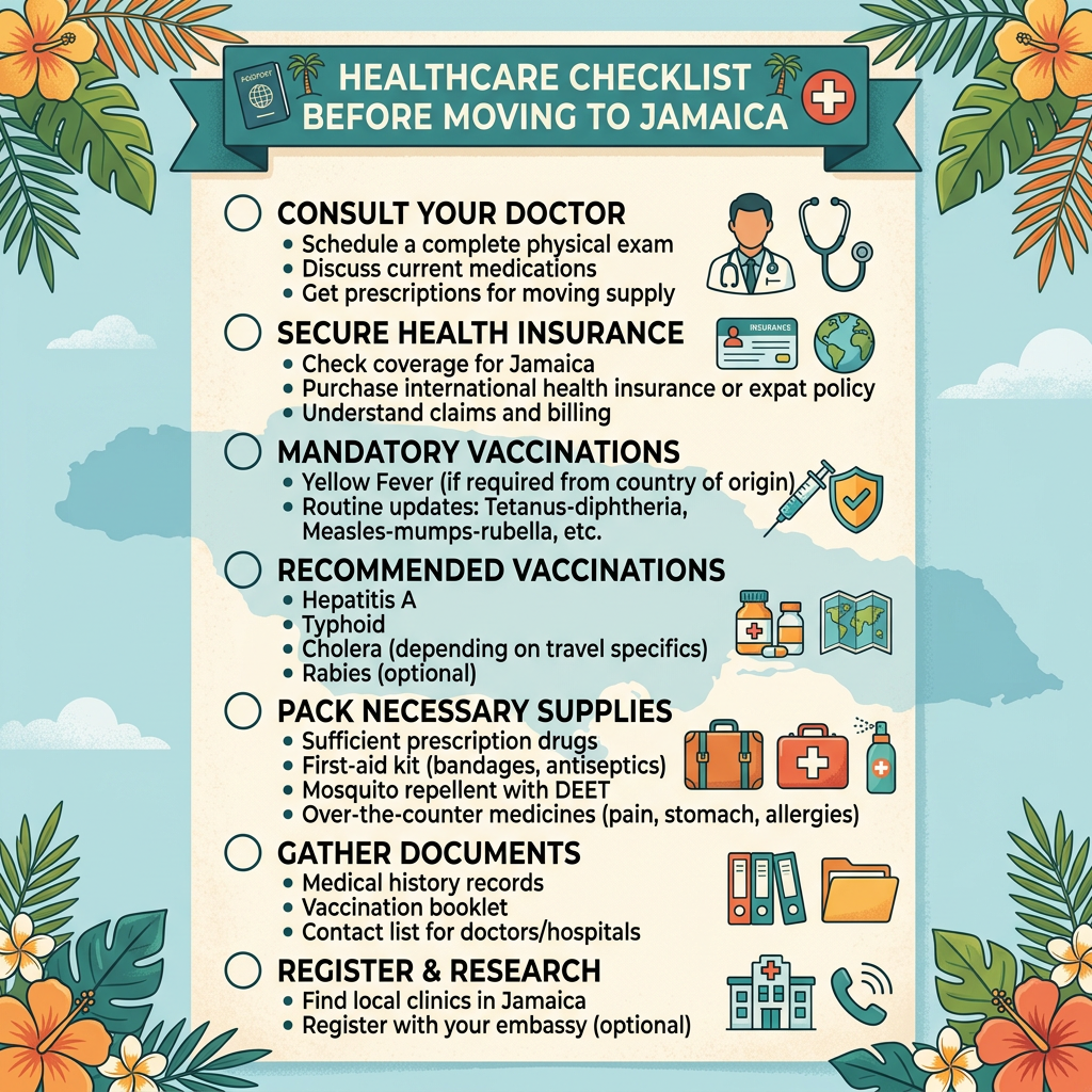 Healthcare checklist with steps to prepare for moving to Jamaica