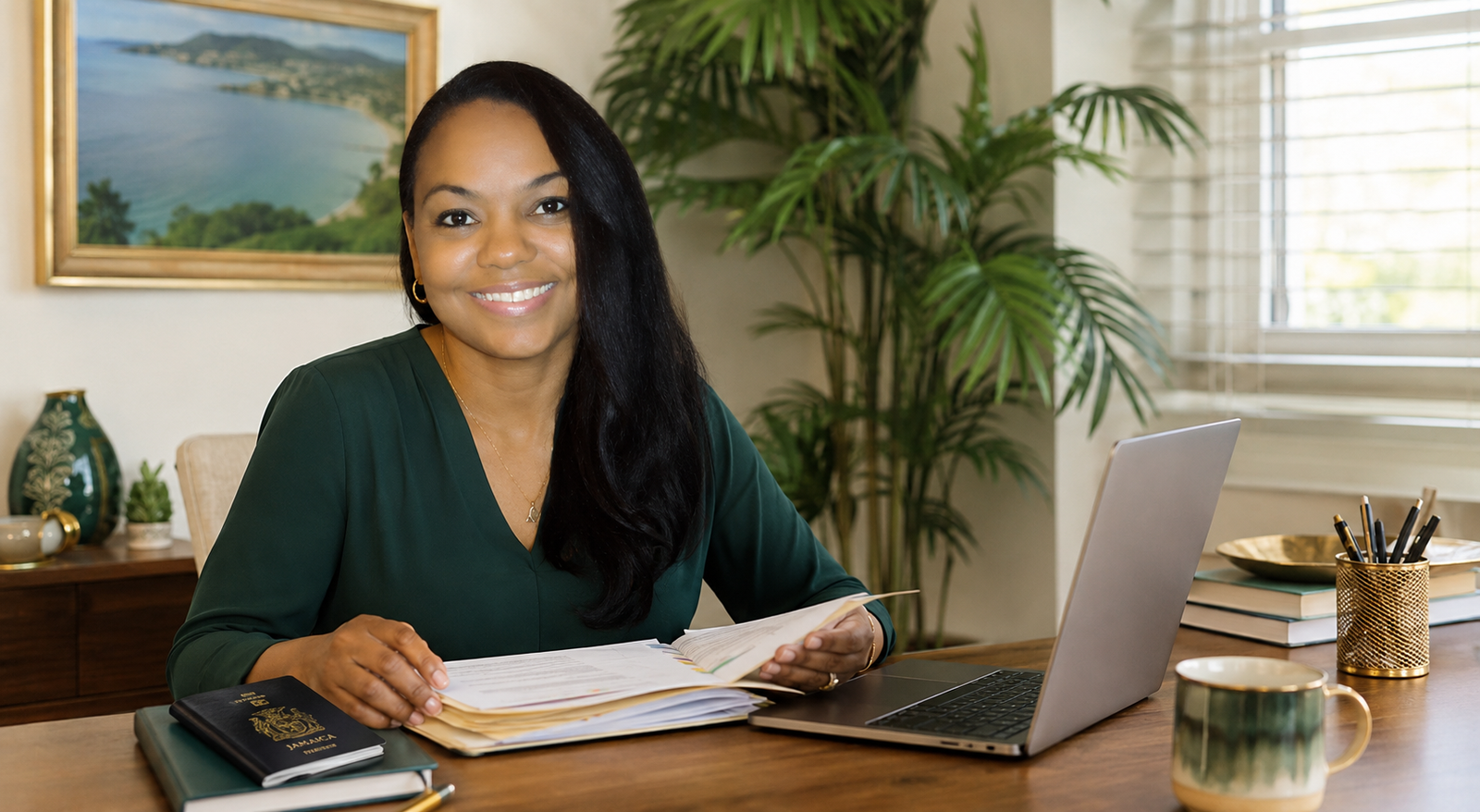 Home K. Shakes reviewing Jamaican documents and online services from overseas.