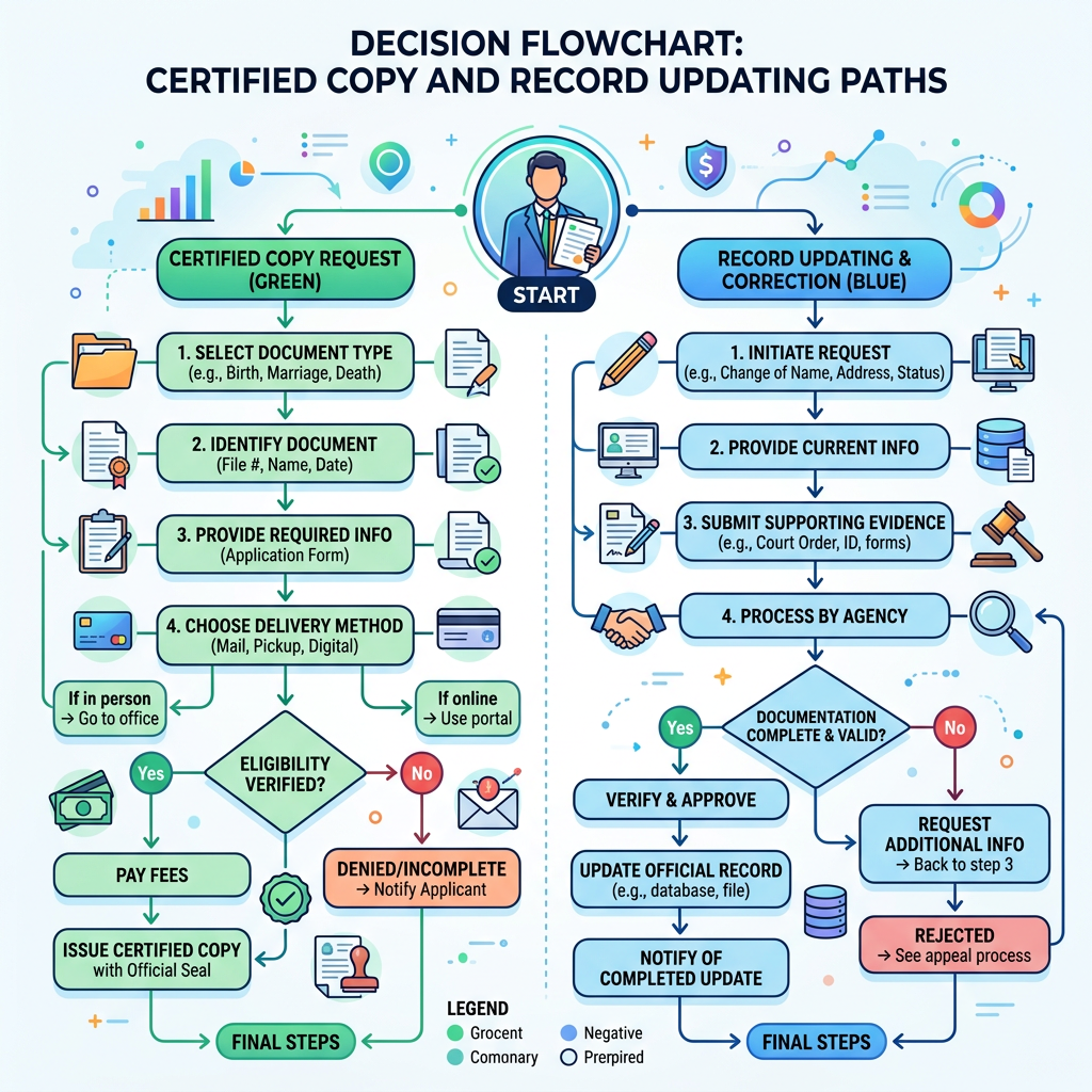 Decision flowchart for certified copy requests and record updating, showing green and blue process paths from start to final steps.