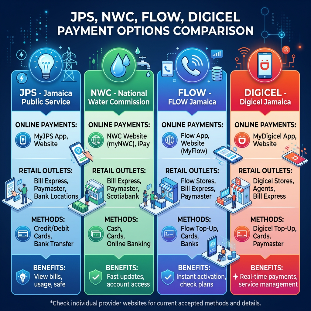 Payment comparison infographic for JPS, NWC, FLOW, and Digicel Jamaica