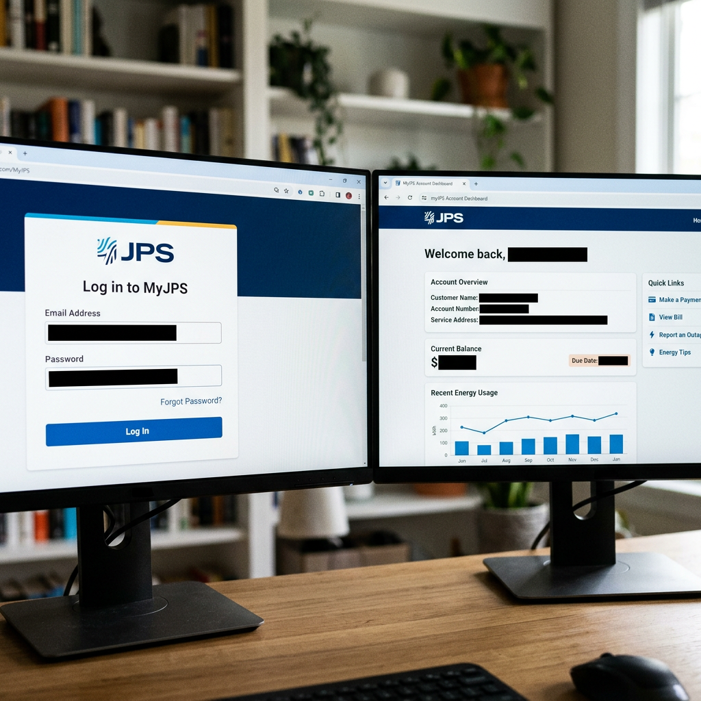 JPS login screen and MyJPS account dashboard showing redacted account details and energy usage chart