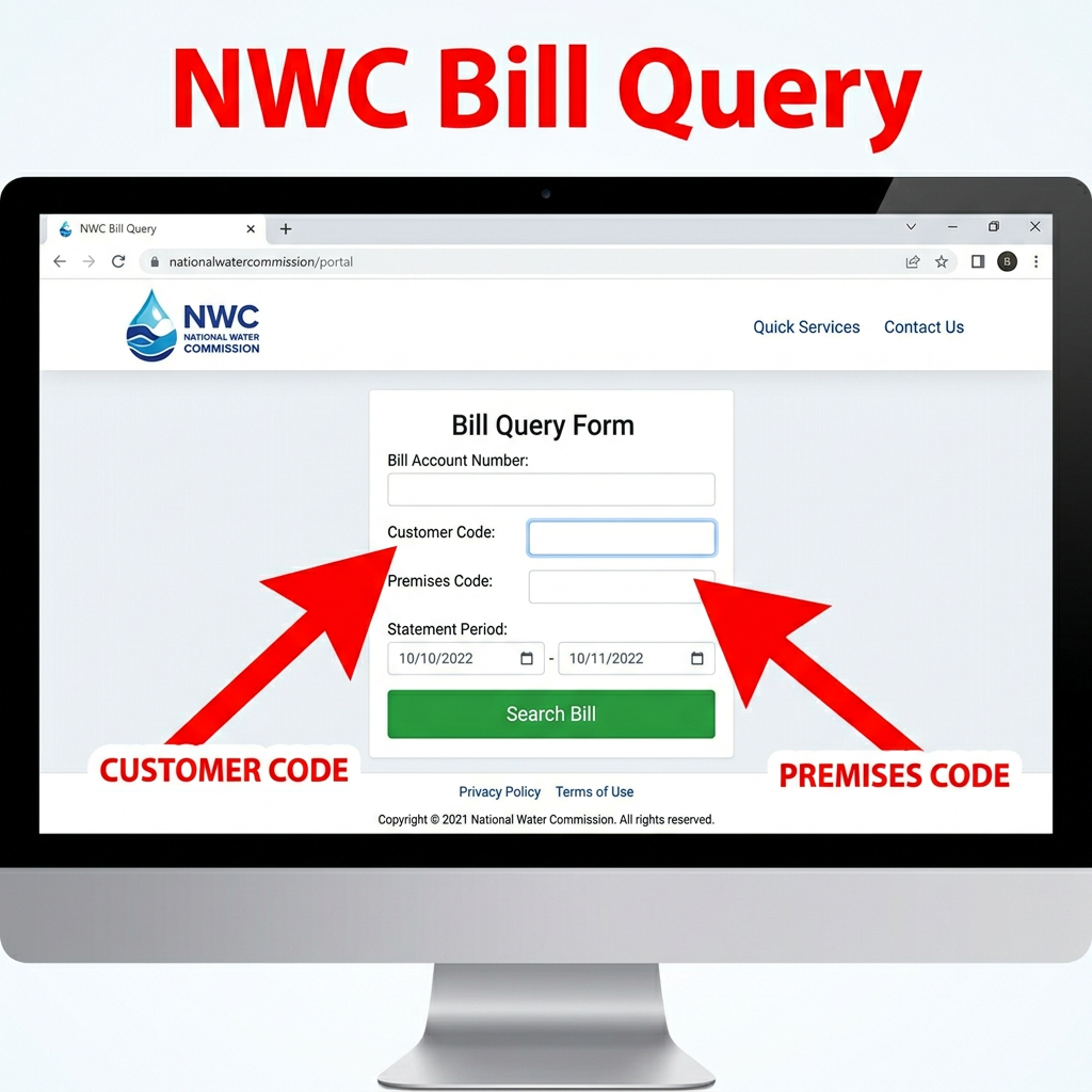 NWC Bill Query form highlighting Customer Code and Premises Code fields