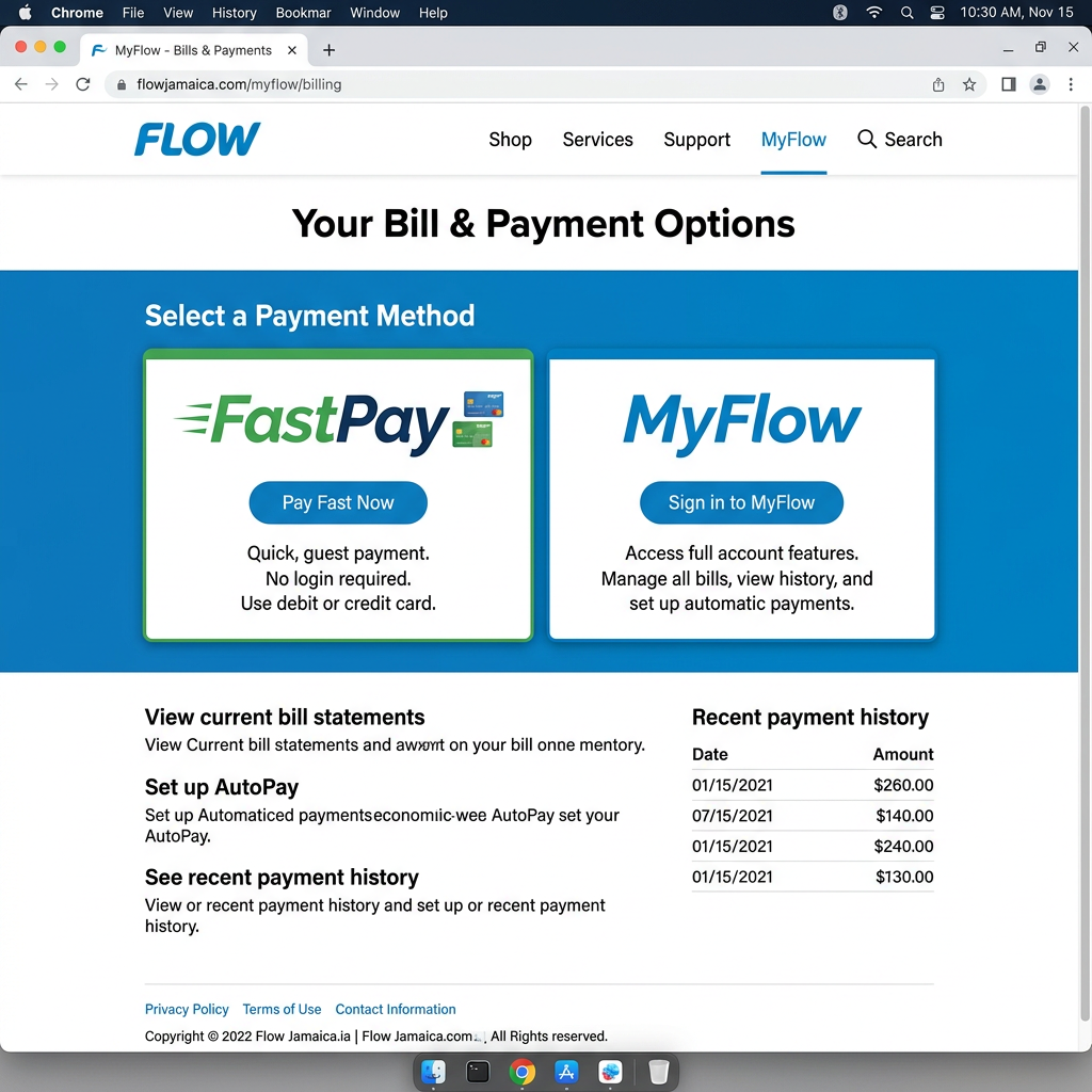 Flow Jamaica bill payment page showing FastPay, MyFlow, and payment history