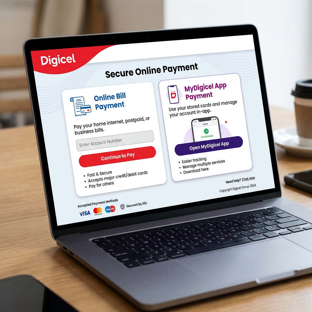 Digicel Secure Online Payment; Online Bill Payment; MyDigicel App Payment; Continue to Pay; Open MyDigicel App