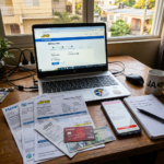 Laptop showing a bill payment portal surrounded by bills and payment materials