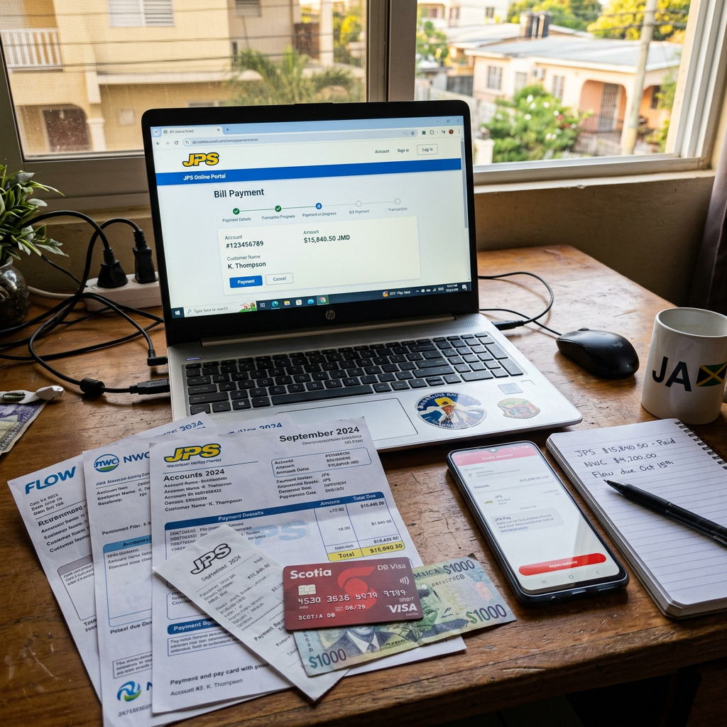 Laptop showing a bill payment portal surrounded by bills and payment materials