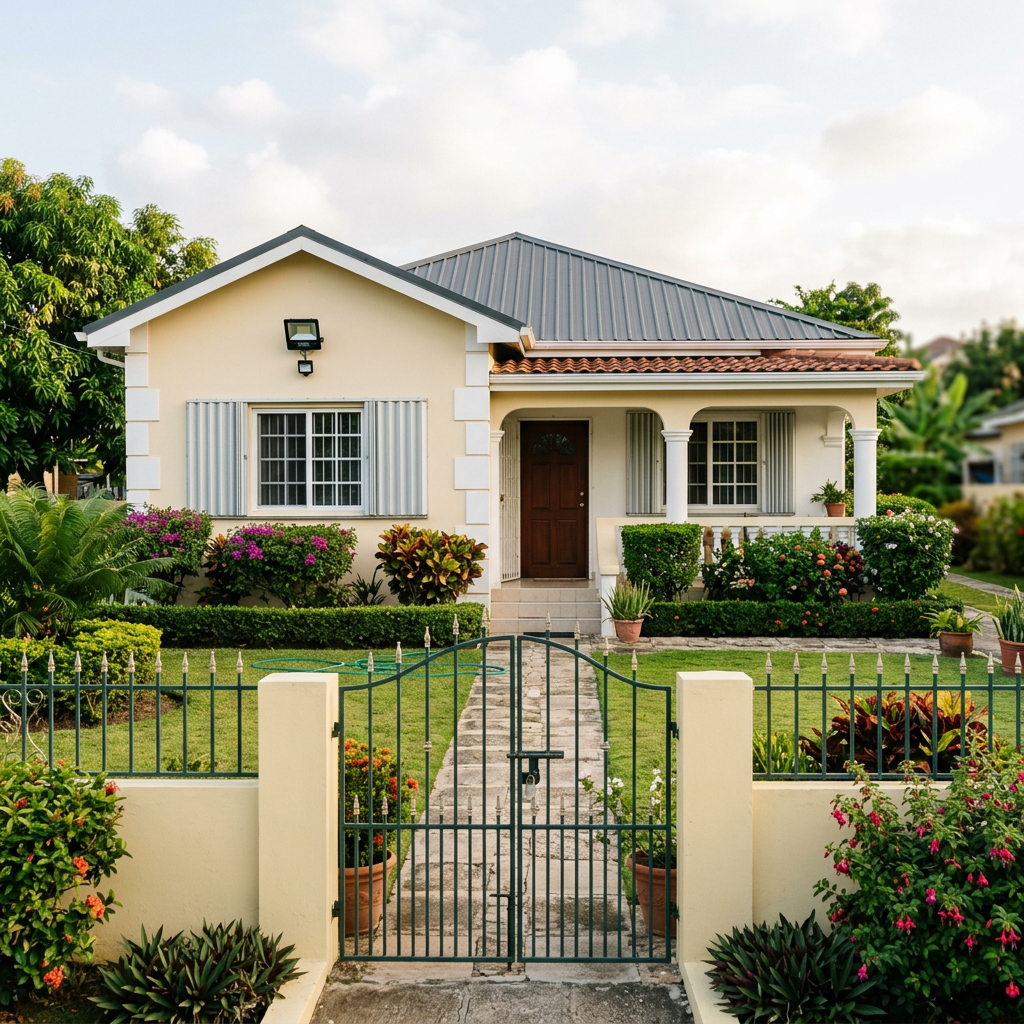 How to Protect and Manage a Vacant House in Jamaica When You Live Overseas Cream-colored single-story house with flower-filled garden and wrought-iron gate