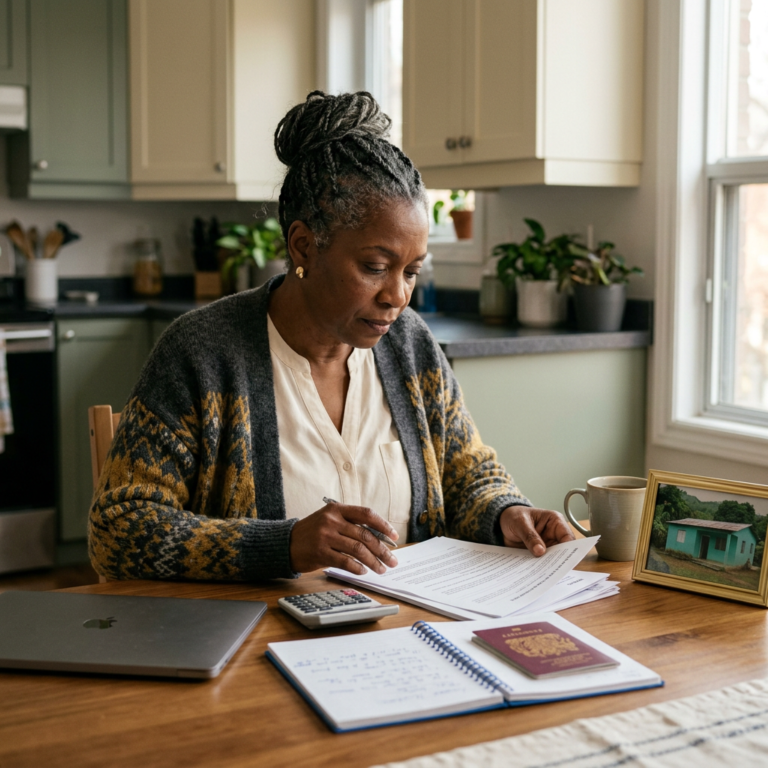 Woman reviewing documents at a kitchen table with a laptop and calculator