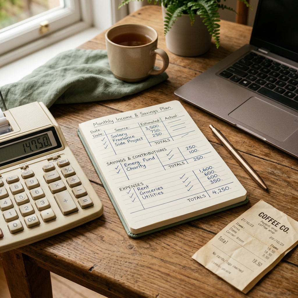 Notebook labeled Monthly Income & Savings Plan with salary, savings, expenses, calculator, laptop, coffee, and receipt