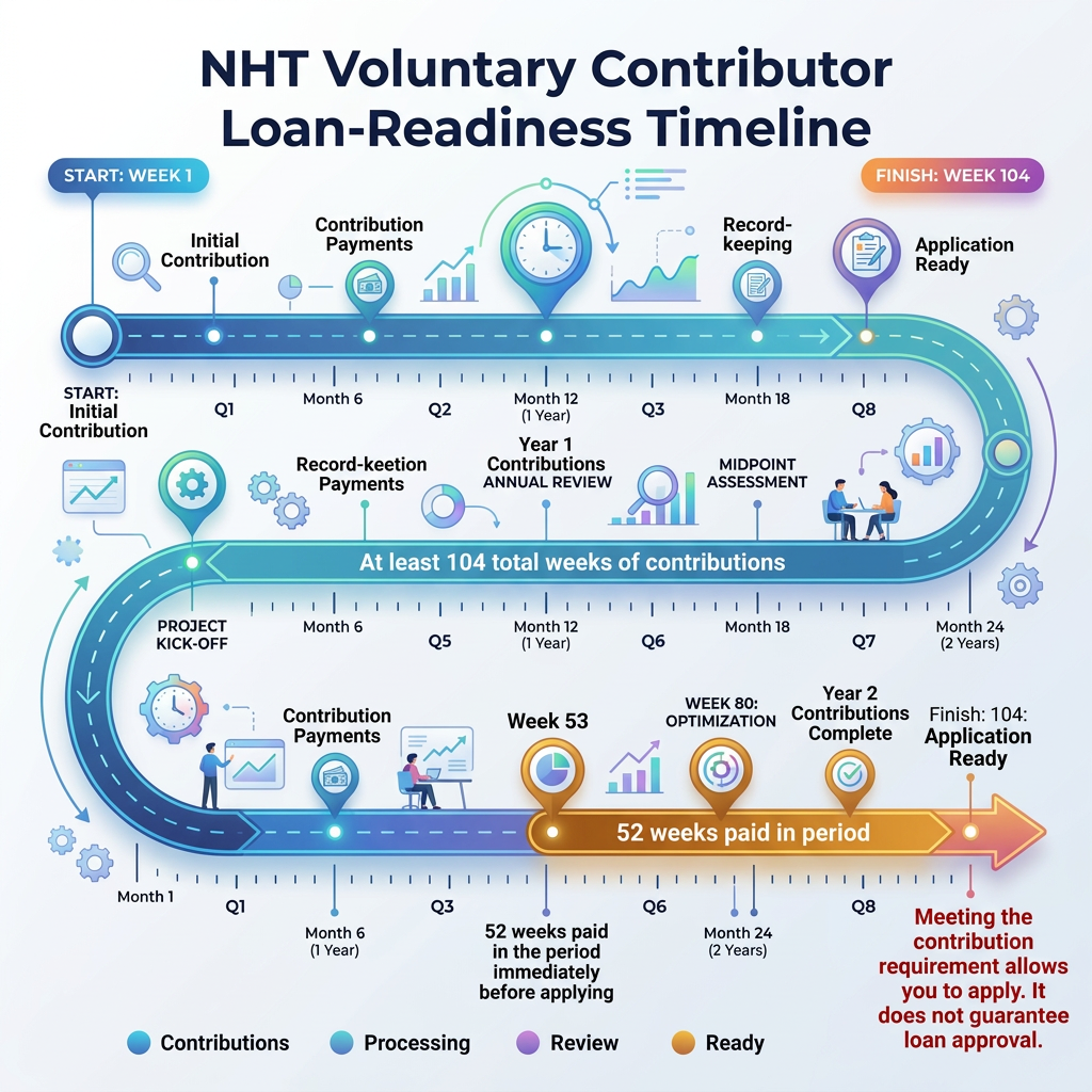 NHT Voluntary Contributor Loan-Readiness Timeline showing 104 weeks of contributions and 52 weeks paid before application.