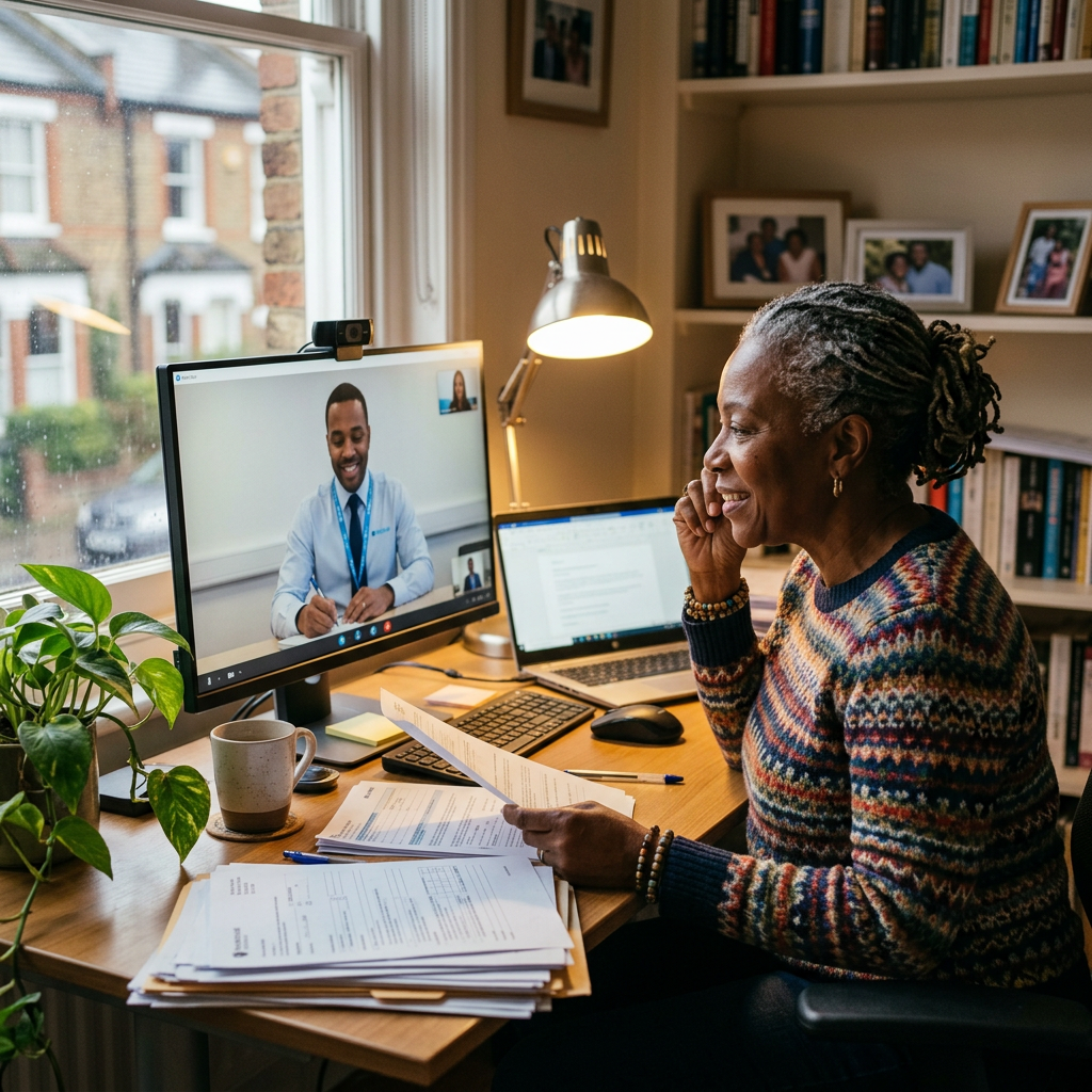 Jamaican woman on banking video call