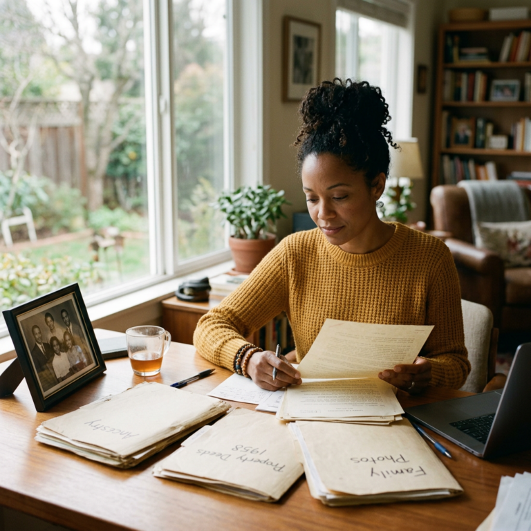 Woman organizing family documents beside photographs and laptop