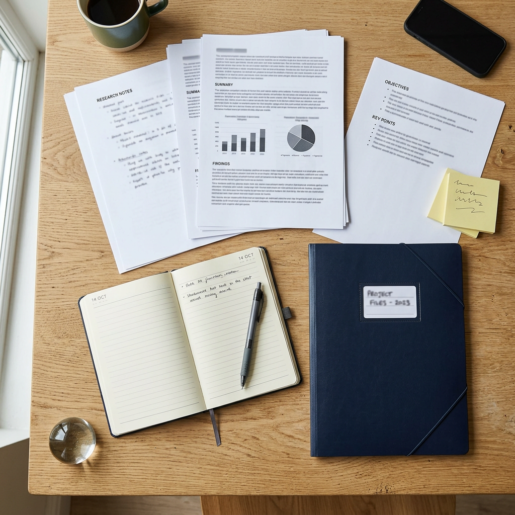 Research papers, notebook, pen, coffee, phone, and folder on a wooden desk