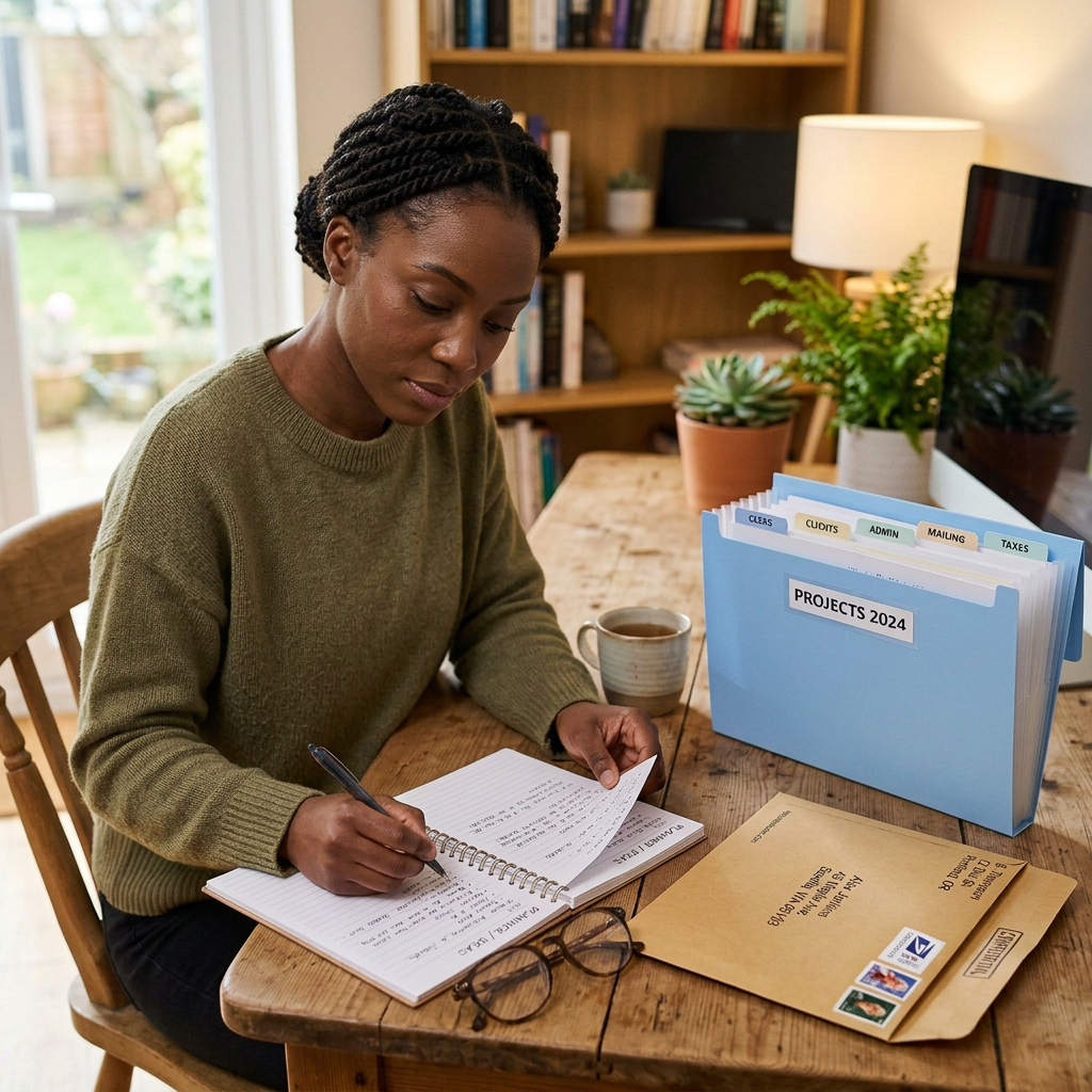 Woman writing in a notebook beside a Projects 2024 folder, envelopes, and coffee